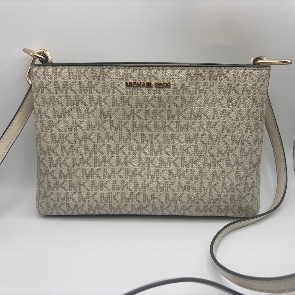 Michael Kors Trisha Medium Logo Crossbody Bag Light Cream Multi Gold